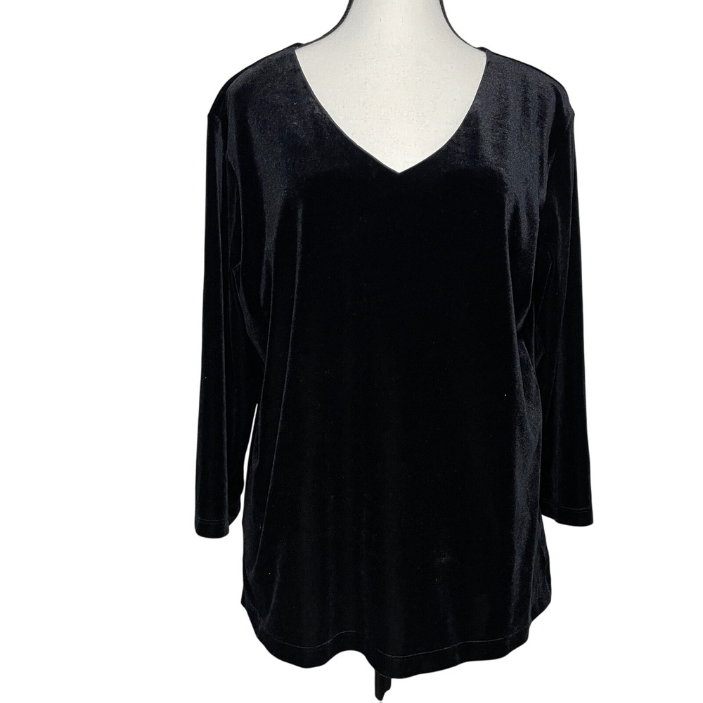 VTG Fashion Bug‎ Black Velour Velvet V-Neck 3/4 Sleeve Top XL Glam Goth Evening